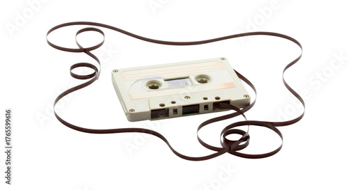 Vintage Audio Cassette Tape with Unspooled Tape Isolated PNG Cutout Transparent