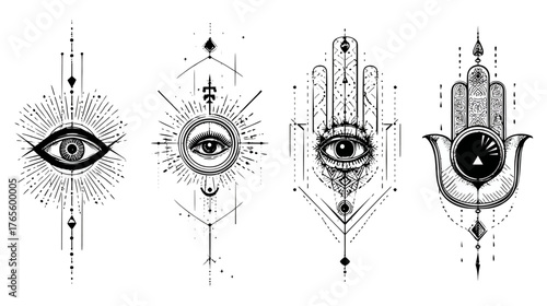 Set of Esoteric Mystical Eyes and Hamsa Hands with Sacred Geometry. Spiritual and Occult Symbols, Divine Vision, Protection Amulets.