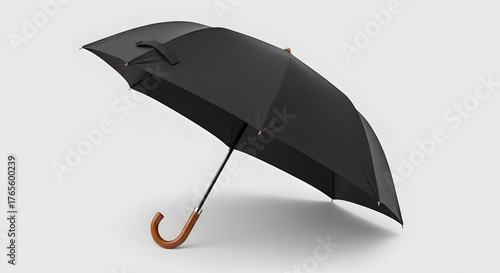 Elegant black rain umbrella featuring a natural wooden handle, perfect for weather protection and daily use on a clean background