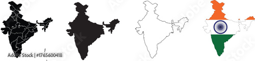 Map Set of India, Silhouette, Outline, Flag Map, and Region Map