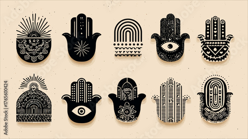 Mystical Hamsa hand symbols set with protective evil eye, spiritual ornate patterns, and bohemian motifs, vector illustration.
