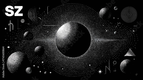 Monochrome cosmic illustration with abstract planets, orbiting spheres, and geometric patterns on a dark background, representing space and science.