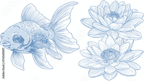 Detailed hand-drawn goldfish and serene lotus flowers illustration. Vintage style aquatic animal and botanical line art, elegant etching.