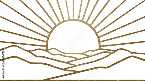 Golden sunrise over minimalist mountain range, radiating sun rays, abstract outline illustration of a dawn or dusk landscape.