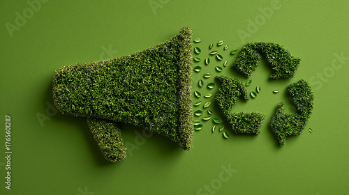Green leaf megaphone with recycle symbol made of natural foliage, eco advertising communication concept promoting environmental awareness, sustainability, and ecological responsibility concept. 