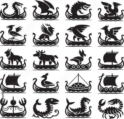 Collection of black silhouette icons of mythical creatures and ships on water viking ship dragon