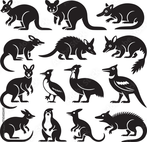 Collection of black silhouette illustrations of Australian marsupials and birds on a white background
