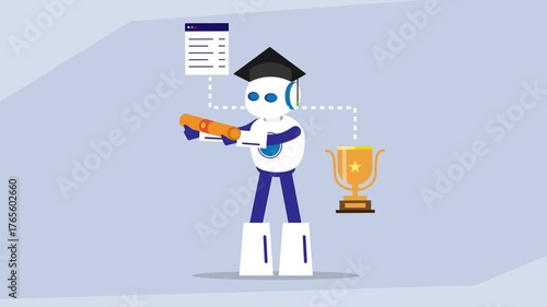 AI Robot Graduation and Achievement in Digital Education or Training cartoon animation
