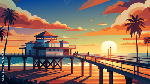 Very beautiful sunset view of San Clemente Pier in Orange County, California, USA, with warm golden and orange hues reflecting on the calm ocean, waves gently lapping against the wooden pier, creating