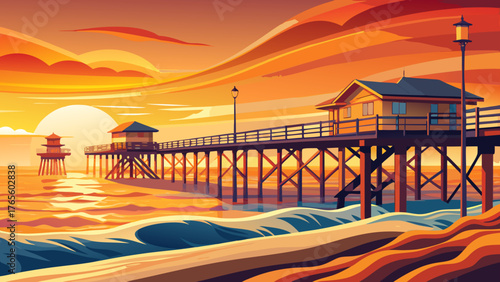Very beautiful sunset view of San Clemente Pier in Orange County, California, USA, with warm golden and orange hues reflecting on the calm ocean, waves gently lapping against the wooden pier, creating