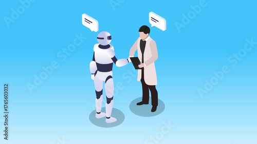 AI Collaboration and Future of Work: Scientist or Doctor Communicating and Working with a Chatbot Robot Assistant 3d animation cartoon
