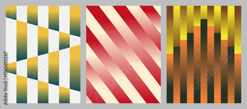 Abstract geometric patterns with gradient colors and striped designs in yellow, red, and brown tones.