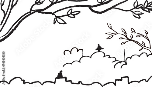 Vector art illustration of a black silhouette tree with a bird for a vintage nature design border and Halloween decoration