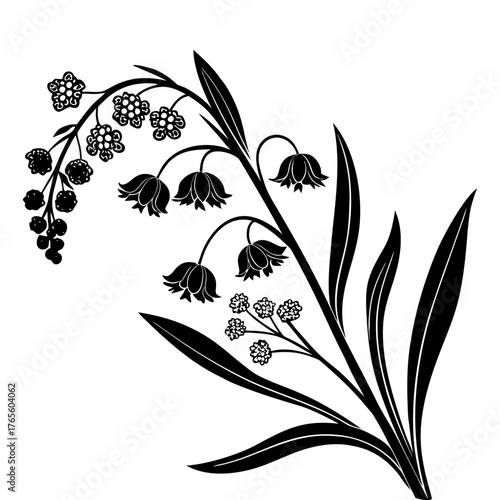 Lyrical Lily of the Valley Branch Black Silhouette. Elegant Botanical Design, Nature-Inspired Artwork, Monochrome Flower Graphic, Detailed Floral, Transparent Backdrop.