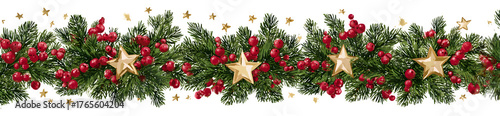 A horizontal banner featuring three decorative Christbaum, each adorned with red berries and golden stars. Symbolic wide format, isolated on white background.