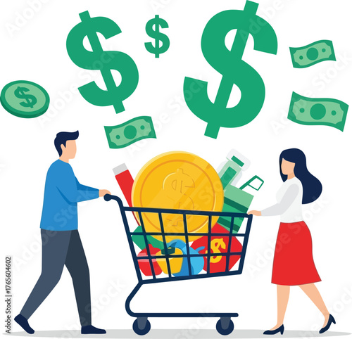 Couple pushing shopping cart full of groceries with dollar signs and bills representing spending money vector