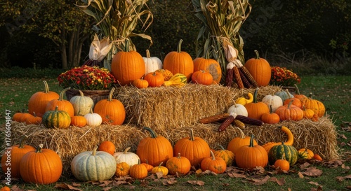 A rustic outdoor autumn harvest display featuring a variety of gourds, pumpkins of different sizes and colors, bales of hay, decorative corn stalks, and scattered dried leaves, bathed in warm, golden 