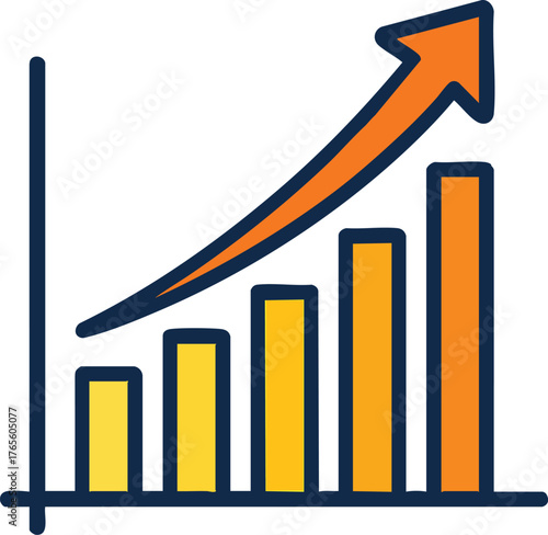 Stylized bar graph vector with upward arrow showing growth, progress, and success in business, finance, or education