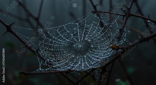 An incredibly intricate spiderweb shimmering with dew drops, stretched between thorny branches in a dense, dark forest, backlit by a faint, ghostly morning light, focus on the delicate structure