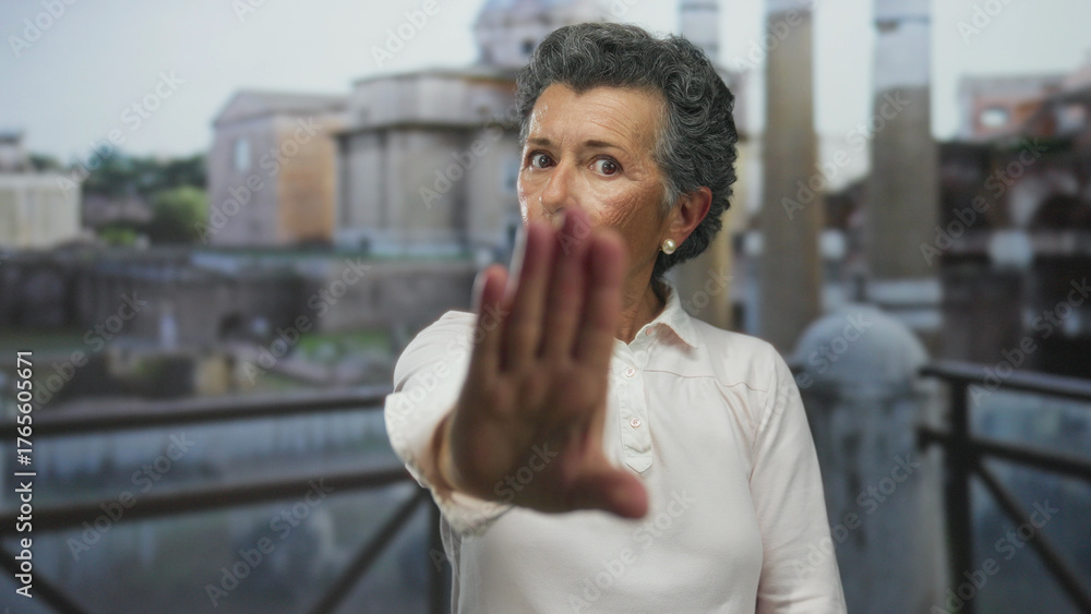 Fototapeta premium Woman with grey hair standing near roman ruins outdoor extending hand in stop gesture