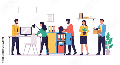 A diverse team of employees collaborates to organize and set up a modern office space, highlighting teamwork and productivity in a professional environment.