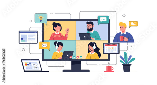 A diverse team of professionals engages in a seamless virtual video conference, collaborating from various global locations using modern digital technology.
