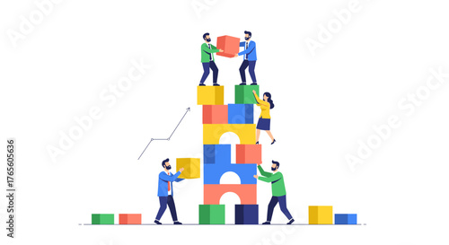 A diverse team of business professionals collaboratively constructs a towering structure from colorful building blocks, symbolizing collective effort and strategic growth.