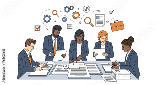 Diverse business professionals collaborate on a strategic project, analyzing data and planning for corporate success in a modern office setting.