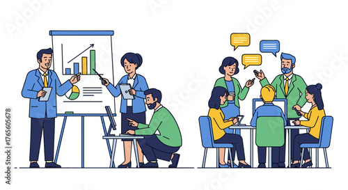 Modern business professionals collaborate in dynamic team meetings and deliver engaging presentations, analyzing data for strategic decision-making.