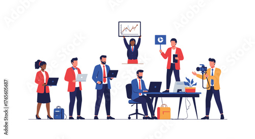 Diverse professionals collaborate in a modern office environment, utilizing technology for various business tasks and creative projects.