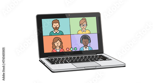 A modern laptop displays a vibrant video conference call with diverse participants, symbolizing remote collaboration and virtual communication.