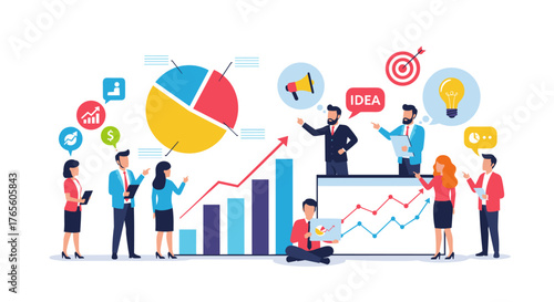 Diverse business professionals collaborate on strategic analysis, driving marketing growth with data visualization and innovative ideas.