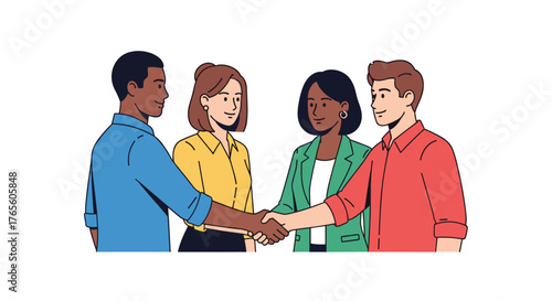 A diverse group of business professionals seals a successful agreement with a firm handshake, symbolizing unity and collaborative achievement.