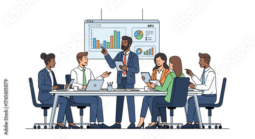 Diverse business professionals collaborate in a modern office meeting, analyzing data and discussing strategies for growth and success.