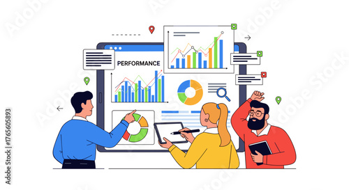 A dynamic team collaborates to analyze business performance metrics and financial data displayed on an interactive digital dashboard, optimizing strategic insights.