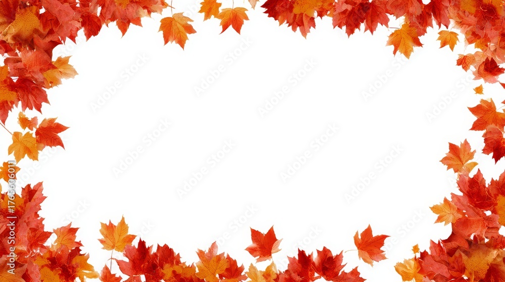 Fototapeta premium Natural red and orange maple leaves decorative border for seasonal design and compositing use