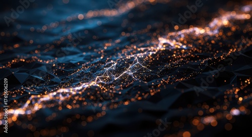 A stunning close-up view of a complex data flow, represented by vibrant glowing nodes and lines forming a network on a dark, geometric background. The colors are futuristic and dynamic, suggesting art