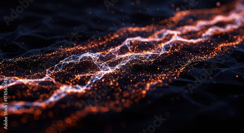 A stunning close-up view of a complex data flow, represented by vibrant glowing nodes and lines forming a network on a dark, geometric background. The colors are futuristic and dynamic, suggesting art
