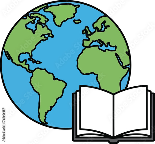 Global education concept open book world map learning knowledge discovery international study travel geography vector
