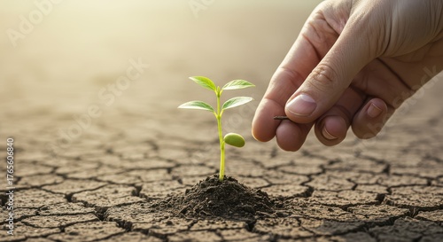 A beautiful, hyperrealistic illustration of a hand gently holding a miniature, thriving plant sprout emerging from cracked, dry earth. The scene should convey a strong message of hope, conservation,