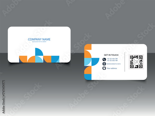 Minimalist geometric business card vector template in orange, blue, and white colors. Abstract Geometric Business Card Template.