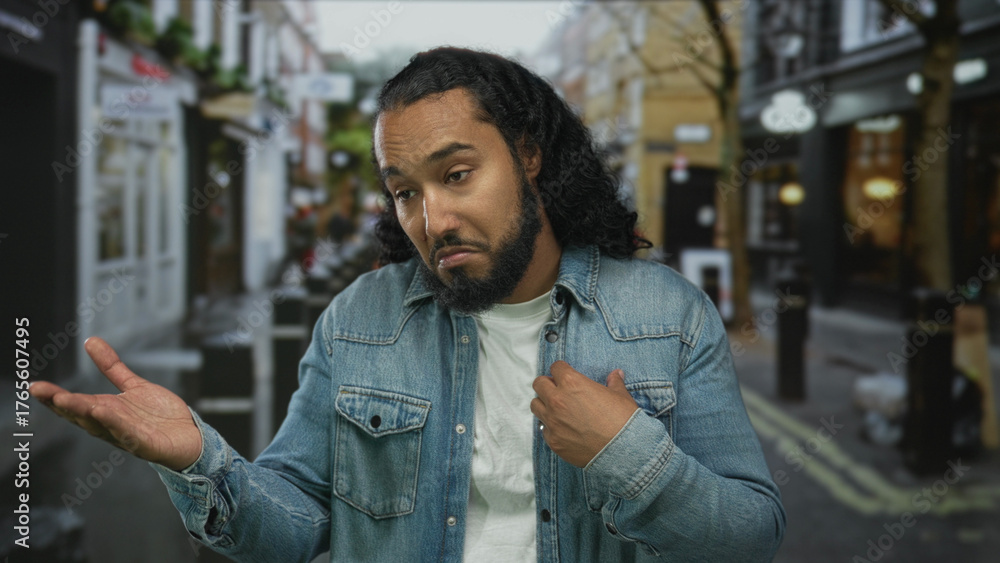 Fototapeta premium Man in denim jacket with hands adjusting collar and shrugging gesture on a city street; indifference casual attitude.