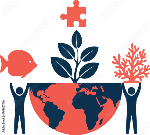 Diverse team supports global sustainability growth and ecosystem conservation concept vector