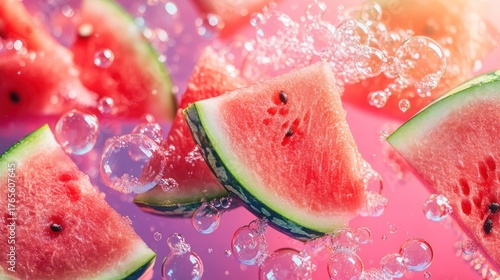 Watermelon slices in water, vibrant pink backdrop