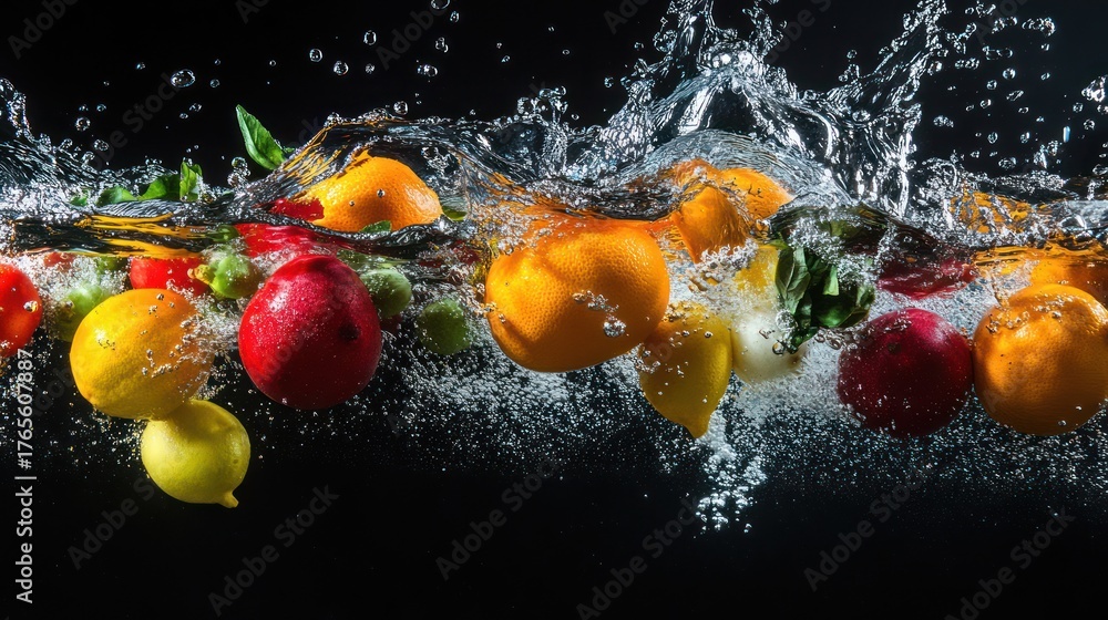 Fototapeta premium Colorful fruits and vegetables submerged in water with splashes