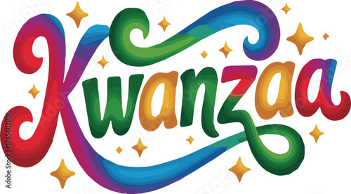 Colorful Kwanzaa text with layered shading and golden stars holiday celebration