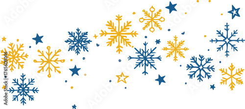 Winter Holidays Seamless Pattern with Blue and Yellow Snowflakes Stars