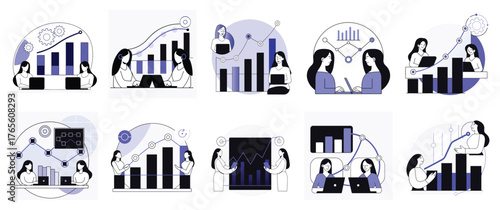 A female marketing analyst examines sales charts and market trends, describing digital marketing strategies and analyzing business performance.
