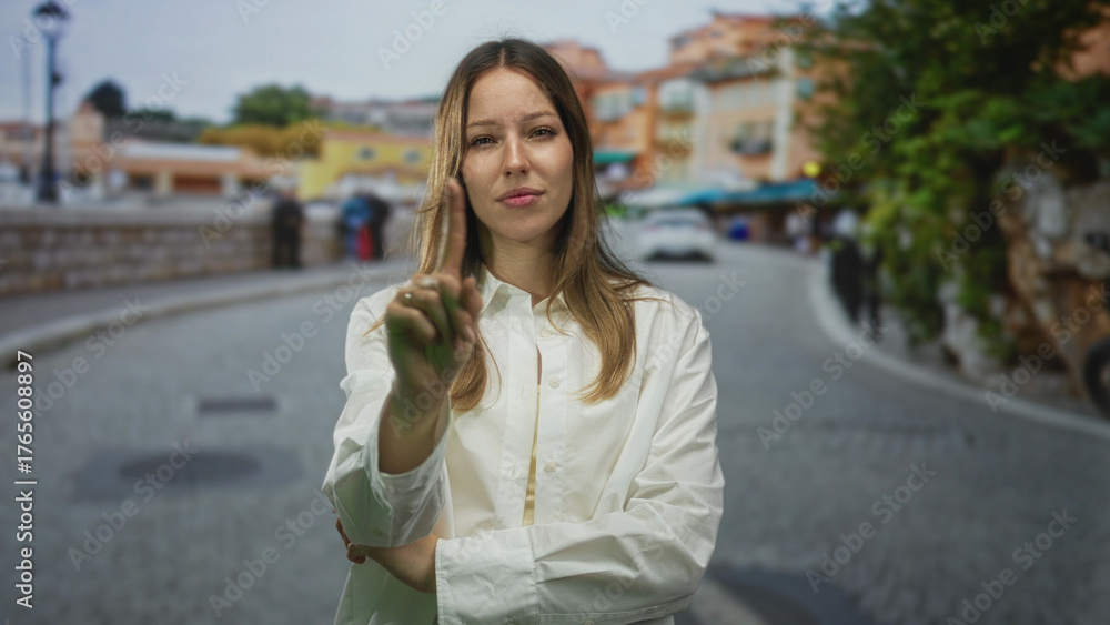 Fototapeta premium Woman pointing finger toward camera on street wearing white shirt and crossed arms; thoughtful reflection.