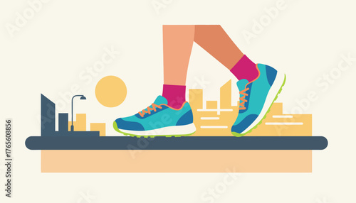 Human legs in bright sports sneakers walking along a city sidewalk with buildings and a street light in the background, representing exercise, active lifestyle, and urban fitness
